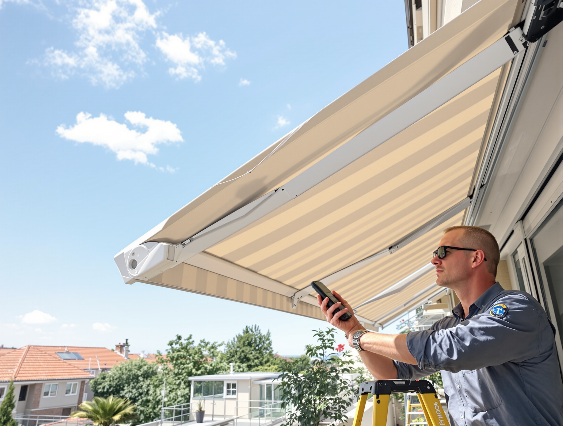 Technicien DFPRO installant motorisation store avec capteurs